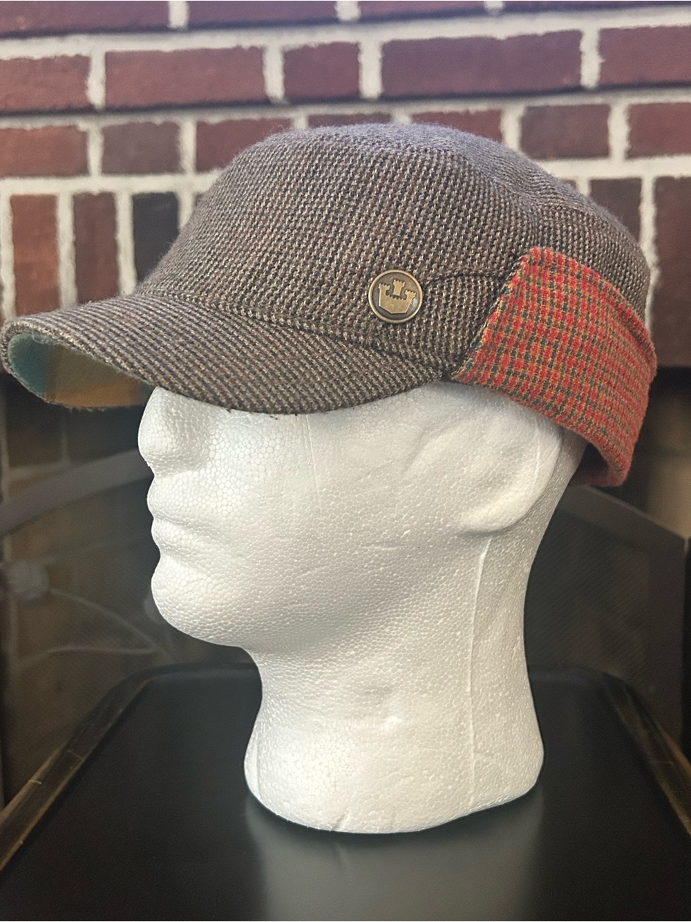 Goorin Bros. Brown Houndstooth Wool Cap with Orange Plaid Accent